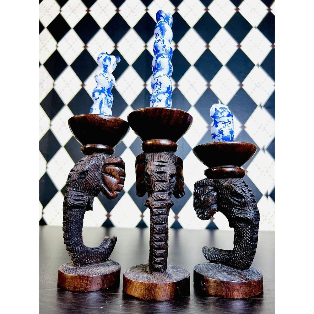 Hand Carved Zimbabwe Wooden Elephant Candle Holders Set of 3 African Safari - Picture 6 of 15